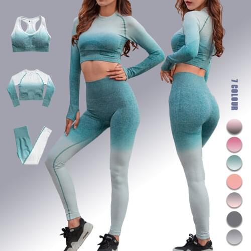 Gradient Yoga Set 2/3pcs Sports Suit Fitness Wear Push Up High Waist Seamless Leggings Long Sleeve Women Gym Clothing Sportswear
