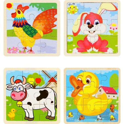 Mini Size 11*11cm Wooden 3D Cartoon Puzzle Jigsaw for Children Kids Cartoon Animal/traffic Puzzles Educational Toy Girl Boy Gift