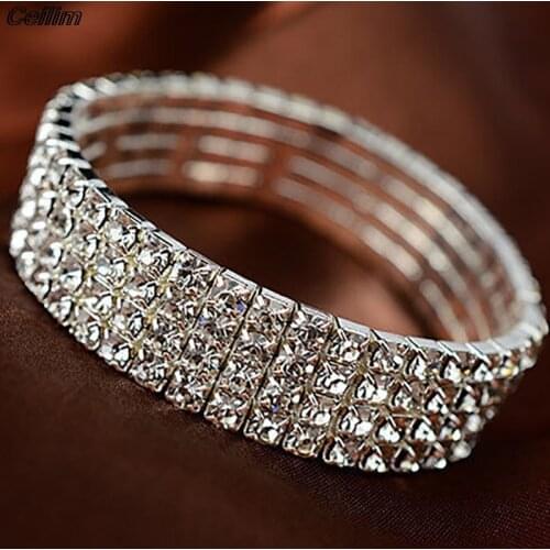 Fashion 1 To 8 Rows Full Crystal Rhinestone Elastic Bracelet Silver Color Bangle Bling Wristband Women Wedding Bridal Jewelry