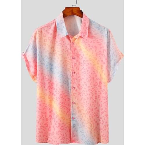 Mens Lapel Rainbow Pattern Tie-Dye Printed Short Sleeve Shirt Summer Hawaiian Beach Casual Loose Rainbow Shirt Mens Shirt