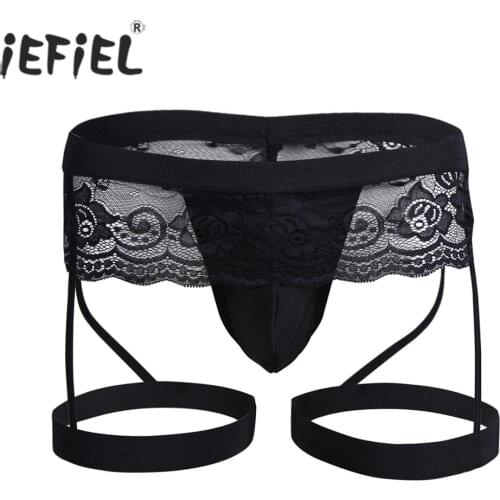 Men Sissy Panties Gay Lace Thong Sexy Men Lingerie G-string Enhance Pouch Bikini Briefs Underwear Erotic Sleepwear with Garter