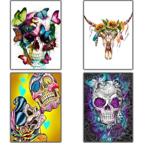 5D Diy Full Round Poured Glue Diamond Painting Kits Scalloped Edge Embroidery Cartoon Skull Bone Head Animation Home Decor Gift
