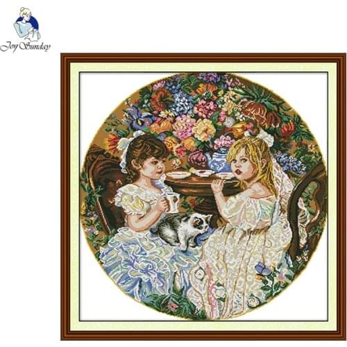 Joy Sunday Two Little Girls Pattern DIY Handmade DMC 14ct and 11ct Cross stitch kits and Precise Printed Embroidery Needlework