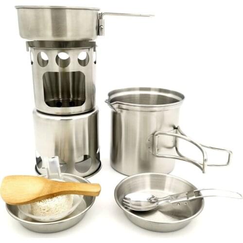 Outdoor Stainless Steel Camping Wood Stove Cookware Set Camping Tableware and Cooking Set Wood Stove with Portable Storage Bag