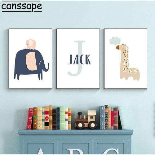 Custom Name Canvas Painting Nursery Wall Print Elephant Deer Lion Prints Rainbow Art Paintings Nordic Poster Boys Bedroom Decor