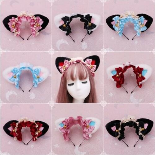 New Masquerade Halloween Cute Fox Cat Ears Plush Headband Lolita Cosplay Party Costume Bow Tie Bell Girls Anime Hair Accessories