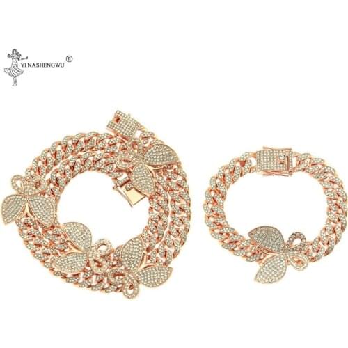 Butterfly Necklace + Bracelet Hip Hop Miami Cuban Chain Set Iced Out Paved Rhinestones CZ Bling Rapper For Men Jewelry Gift New