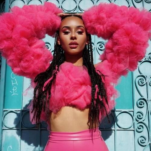 Exaggerated Hot Pink Ruffles Tulle Blouses Women Tops Long Sleeves Short Female Blouse Off The Shoulder Top