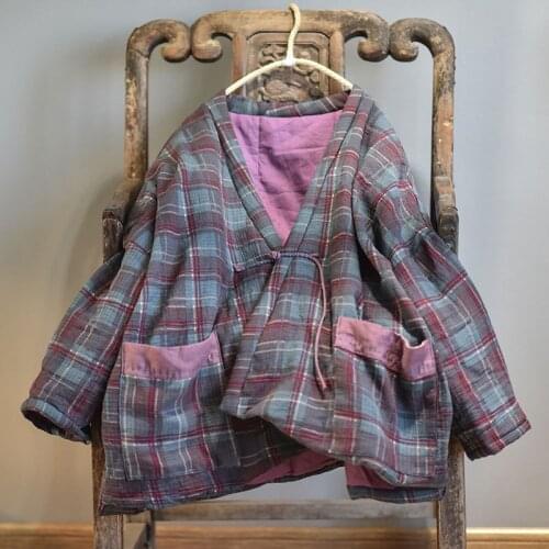 QPFJQD Ladies Cotton Linen Plaid Parkas Padded Coat Outerwear Women Vintage Plaid Parkas Coat 2021 Winter Autumn