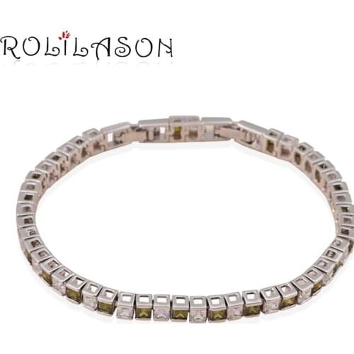 ROLILASON Simple cubic design square cut smoked Green crystal Zircon Silver Bracelet women fashion jewelry vintage style TB705