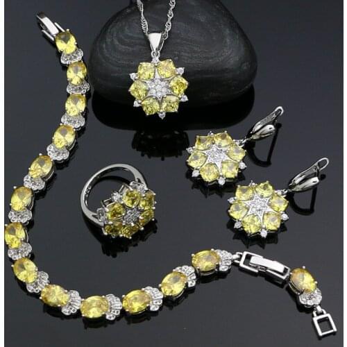 Silver 925 Jewelry Sets for Women Wedding Yellow Cubic Zirconia Crystal Earrings Pendant Necklace Ring Bracelet Set