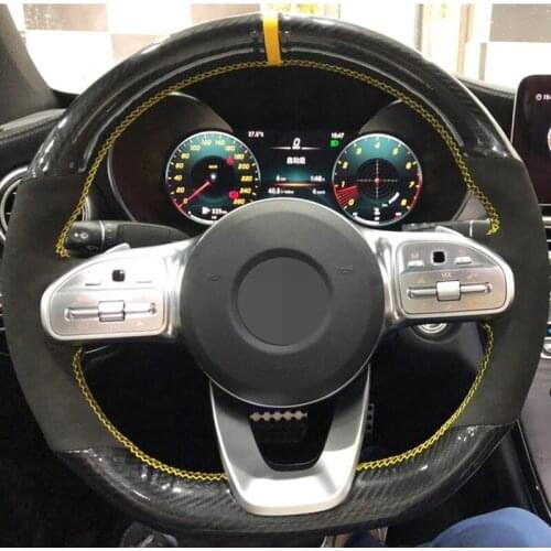 Hand-Stitched Black Carbon Fiber Black Suede Car Steering Wheel Cover For Mercedes-Benz A-Class W177 2018-2019