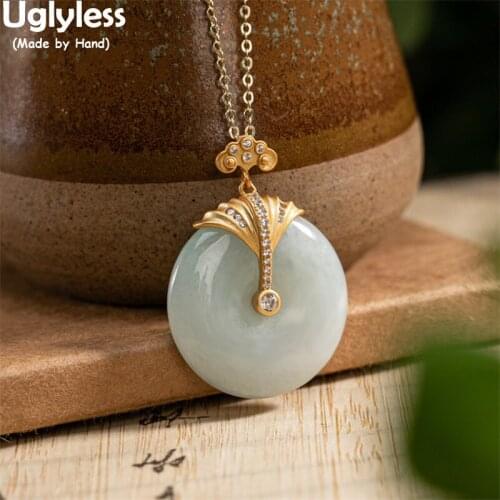 Uglyless Classic Eastern Beauty RUYI Crystals Pendants for Women Peace Buttons Natural Emerald Necklaces NO Chains 925 Silver