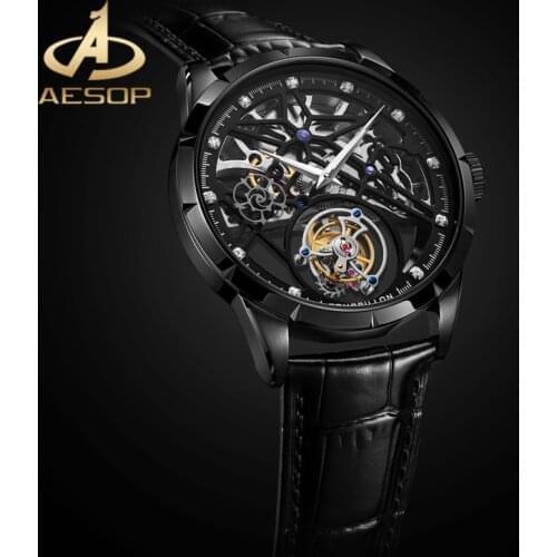 AESOP Black Minimalism Design Waterproof Steampunk Wrist Watch Mens Mechanical Skeleton Watches 100%Real Tourbillon Watch