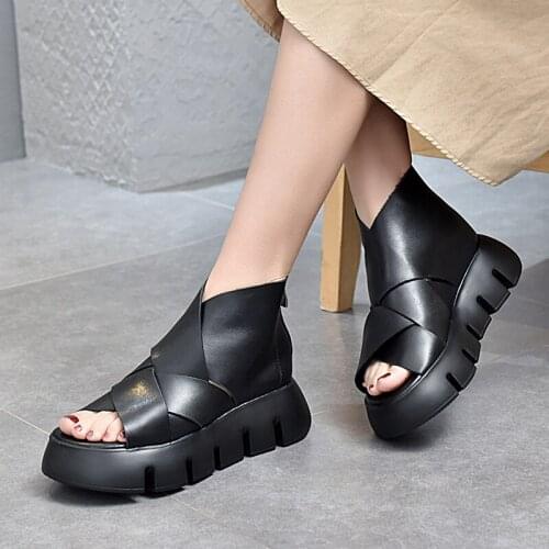 Thick-soled Sandals Womens 2021 Spring and Summer Genuine Leather High-top Sandals Casual Slope with Fish Mouth Sandals Cowhide