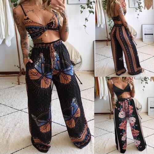 Tracksuits Wives Fashion Two Piece Set Women Casual Printed Sleeveless Camis Tops+Long Pants 2 Piece Set Vetement Femme 2021