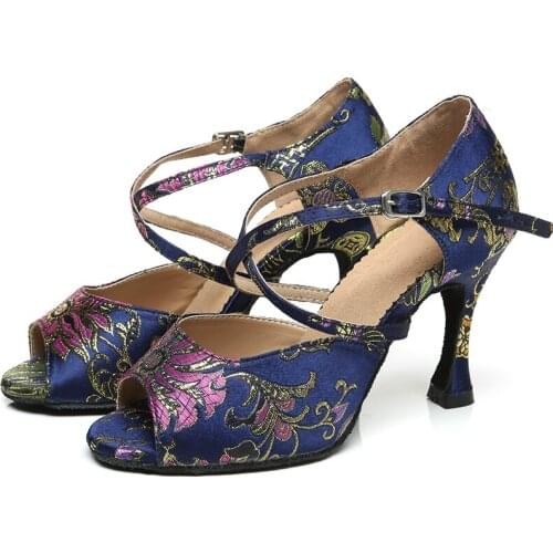 Girls Print Latin Ballroom Dance Shoes for Women Blck Blue Bachata Salsa Dancing Shoes for Party Women High Heel Dance Sandals