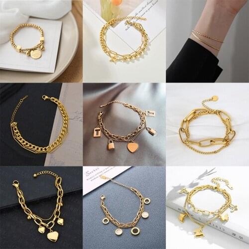 MEYRROYU Stainless Steel Three Color Multi-style Double Layer Bracelets For Women 2021 New Heart Geometric Gift Fashion Jewelry