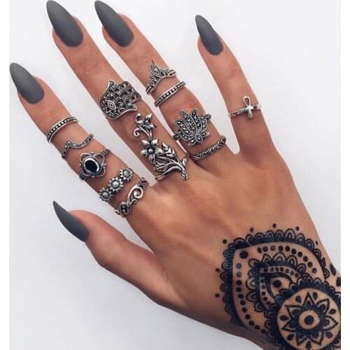 Midi Finger Rings Set Knuckle Rings Jewelry Punk Modyle Boho Flower for Women Hollow Out Sliver Color Gift 12pcs/set Party Metal