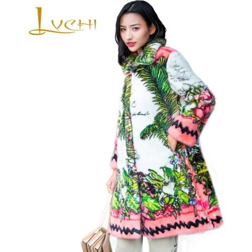 LVCHI Winter 2019 Mink Fur Coats Womens Nine Quarter Coat Long Full Pelt Turn-Down Collar Print Flower Leaves Long Mink Coats