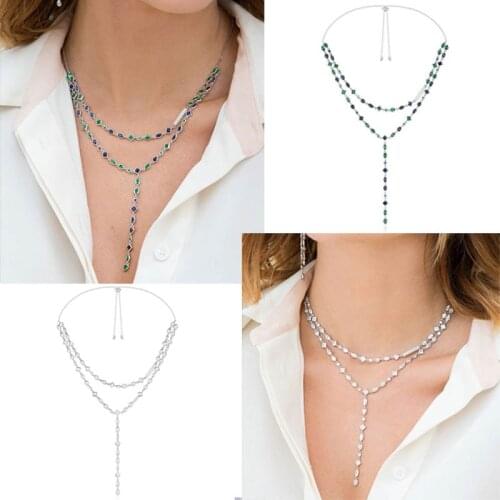 Fringed female necklace colored zircon Y-shaped clavicle chain 925 sterling silver double-layer sexy fashionable sweater chain