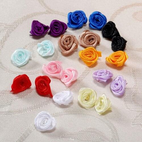 100Pcs Rose Buds Satin Ribbon Flowers Rosebuds Flowers Scrapbooking Wedding Craft Applique Decoration Clips Clothes Sewing DIY