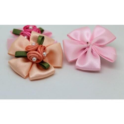 100pcs Ribbon Bows Satin Rose Flower with Bead Triple Buds Embellishments Free Shipping