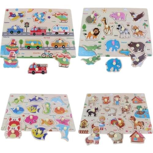 4 Sets Traffic + Zoo + Farm + Sea Wooden Puzzle Hand-eye Coordination Early Learning Educational Toys for Children Toddler Kids