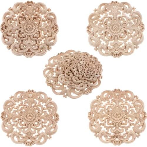 6Pcs Chinese Combine Western Style Wooden Carved Flower Round Appliques for House Decor