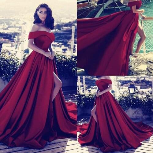 Red prom dresses 2020 off the shoulder satin side slit ball gown burgundy floor length evening dresses arabic formal dress cheap