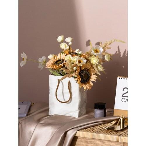 Creative Square White Ceramic Vase Rope Handbags Pleated Paper Bags Flower Pot Water Planting Room Home Decoration Accessories