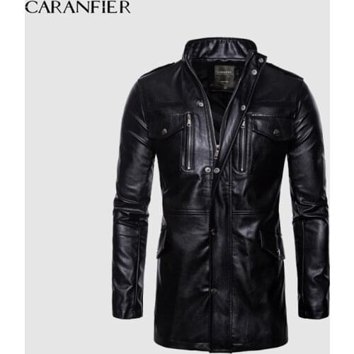 CARANFIER Mens Leather Jackets Mid-Long Motorcycle Windbreaker Biker Coats High Quality Multi-Pocket Stand Collar Punk Outerwear