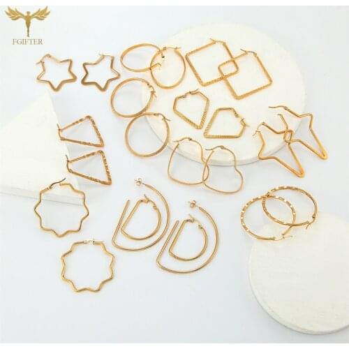 Irregular Multi-style Womens Hoop Earrings Golden Stainless Steel Fashion Geometric Heart Earrings Retro Dangling Jewelry