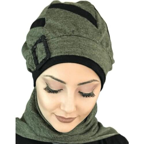New Fashion 2021 Hijab Women Hijab Scarf Kerchief Hat Bone Hijab Islamic Clothing Green Passionflower Black Stripe Buckle Beret