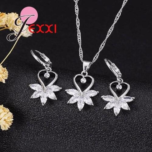 New Brand Romantic Jewelry Sets 925 Sterling Silver Necklace&Pendant/Earring Crystal Heart Jewelry Set