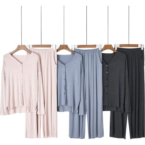 Single-breasted V-neck Womens Cotton Pajamas Set Solid Plus Size Female Korean Homewear Spring Long Sleeve Loungewear Home Suit