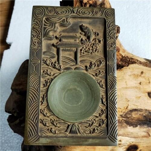 Rare old Bluestone inkstone stone inkstone fishing carp jumping dragon gate pattern appreciation collection