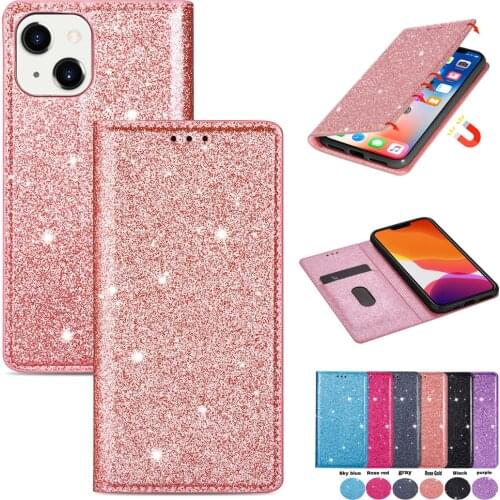 Luxury Glitter Leather Case for iPhone 13 12 11 Pro Max XR XS SE 2020 7 8 Plus Ultra Thin Flip Cover Card Magnetic Protect Coque