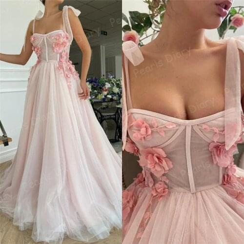 Pink Flower Elegant Evening Dresses Dubai Illusion Formal Saudi Arabia Party Dress For Wedding 2021 Robe De Soiree Prom Gowns