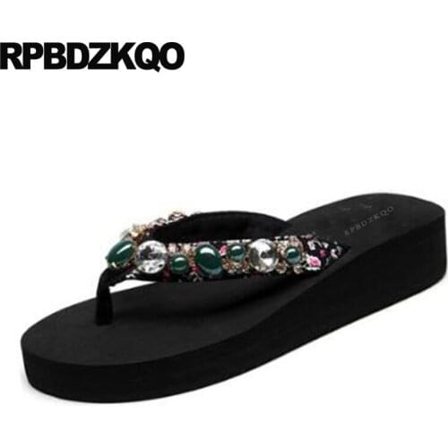 Rhinestone Flip Flop Big Size Crystal Diamond Sandals Wedge Floral Print Women Platform Slippers Wide Fit Shoes Ladies Slides