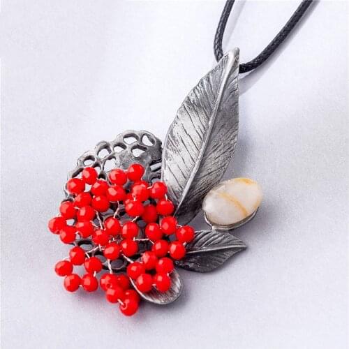 Vintage Jewelry Long Necklace for Women Red Crystal Beads Flower Pendant Black Rope Chains Jewellery Suspension Chokers colar
