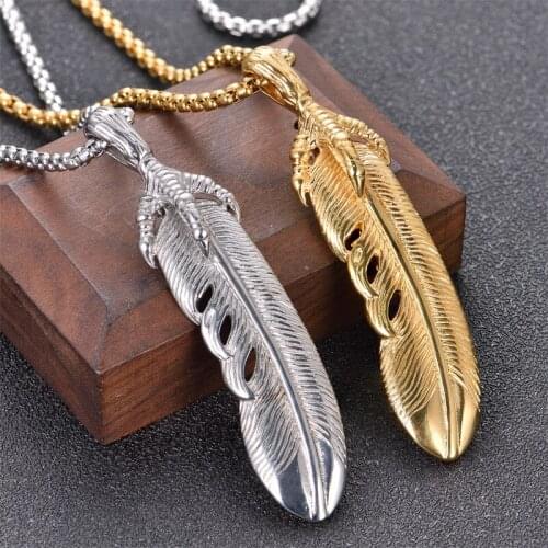Vintage Feather Pendant Necklaces Stainless Steel Silver Accessories Men Jewelry Birthday Party Gift