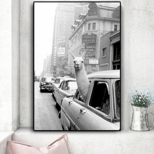 Funny Alpaca Llama in a New York City Taxi Animal Canvas Painting Posters and Prints Wall Art Picture for Living Room Cuadros