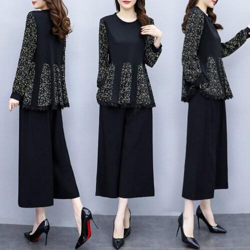 2021 Plus Size Autumn New Floral Patchwork Long Sleeve Top Wide Leg Pant Women Loose Fashion 2 Piece Set 5XL Female Clothes Set