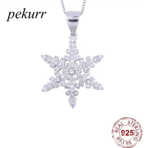 Pekurr 925 Sterling Silver Cubic Zircon Snowflake Necklaces For Women Ice Frozen Crystal Pendants Christmas Fashion Jewelry