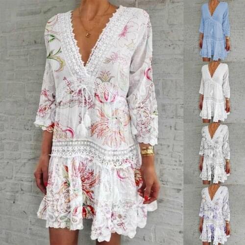 Fashion Women Dress Skin-friendly Floral Print Crochet Patchwork Summer 3/4 Sleeve V Neck Lace-up Dress Beachwear for Holiday