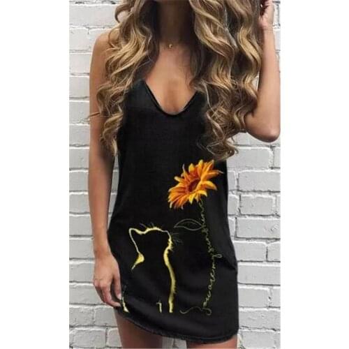 Women Cat Sunflower Flag Stripe Print V-neck Dress Ladies Beach Sleeveless Sundress