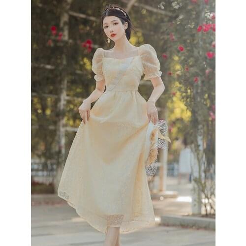 Summer Dress 2021 French Chiffon Puff Sleeve Fairy Dress Floral Square Neck Elegant Gentle First Love Maxi Dress