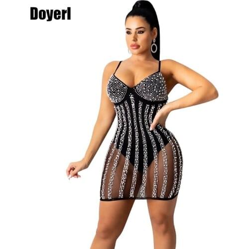 Crystal Rhinestone Birthday Party Dress for Women Summer 2021 New Elegant Slim Sheer Mesh Sexy Dress Mini Bodycon Club Dress