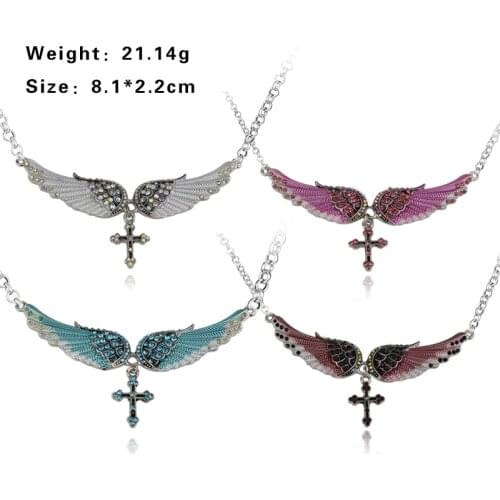 Fashion Cross Angel Wings Necklaces & Pendants Women Hip Hop Jewelry Trendy Gothic Metal Rhinestone Statement Big Necklace Gift